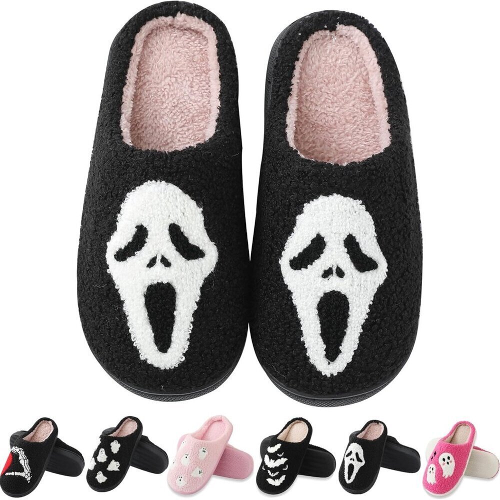 Halloween Ghost Fuzzy Slippers Unisex Memory Foam Plush Cozy House Shoes
